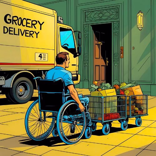 A man in a wheelchair gets a grocery home delivery from a lorry. He pushes the groceries with his wheelchair in a 2 x shopping cart train through his front door hallway. Meal planning for housebound grocery deliveries prevents having five of one thing and none of another.The hallway is green art deco.