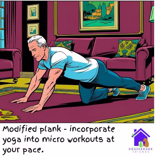 A middle aged man in his living room doing a "modified plank", where he is kneeling and his arms are stretched out on the floor in front of him. It is part of a micro workout. The living room is a burgundy art deco.