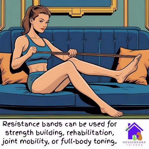 A young woman sits on her blue sofa using her resistant band (a basic form of home exercise equipment). She has the band wrapped around one foot and she is pulling it towards herself. The room is navy blue art deco.